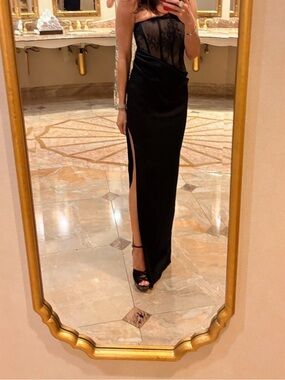 NBD Black Strapless Lace-Top Maxi Dress with Side Slit